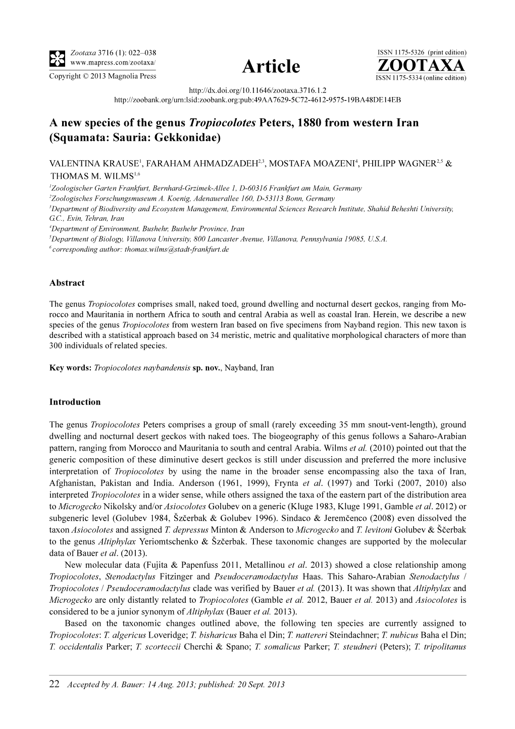 A New Species of the Genus Tropiocolotes Peters, 1880 from Western Iran (Squamata: Sauria: Gekkonidae)