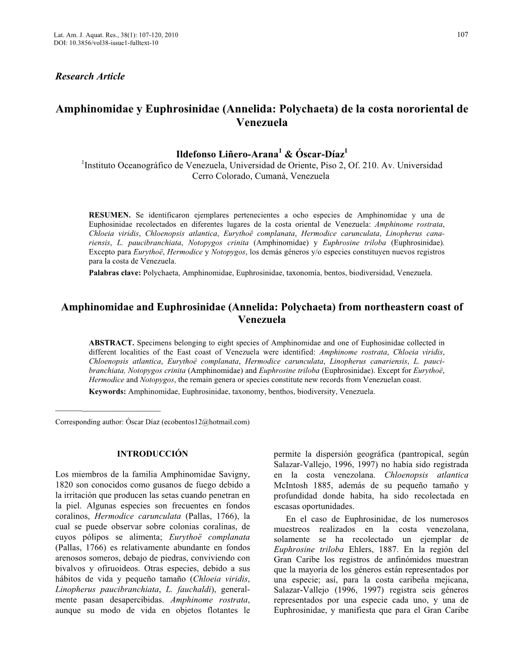 Amphinomidae Y Euphrosinidae (Annelida: Polychaeta) De La Costa Nororiental De Venezuela