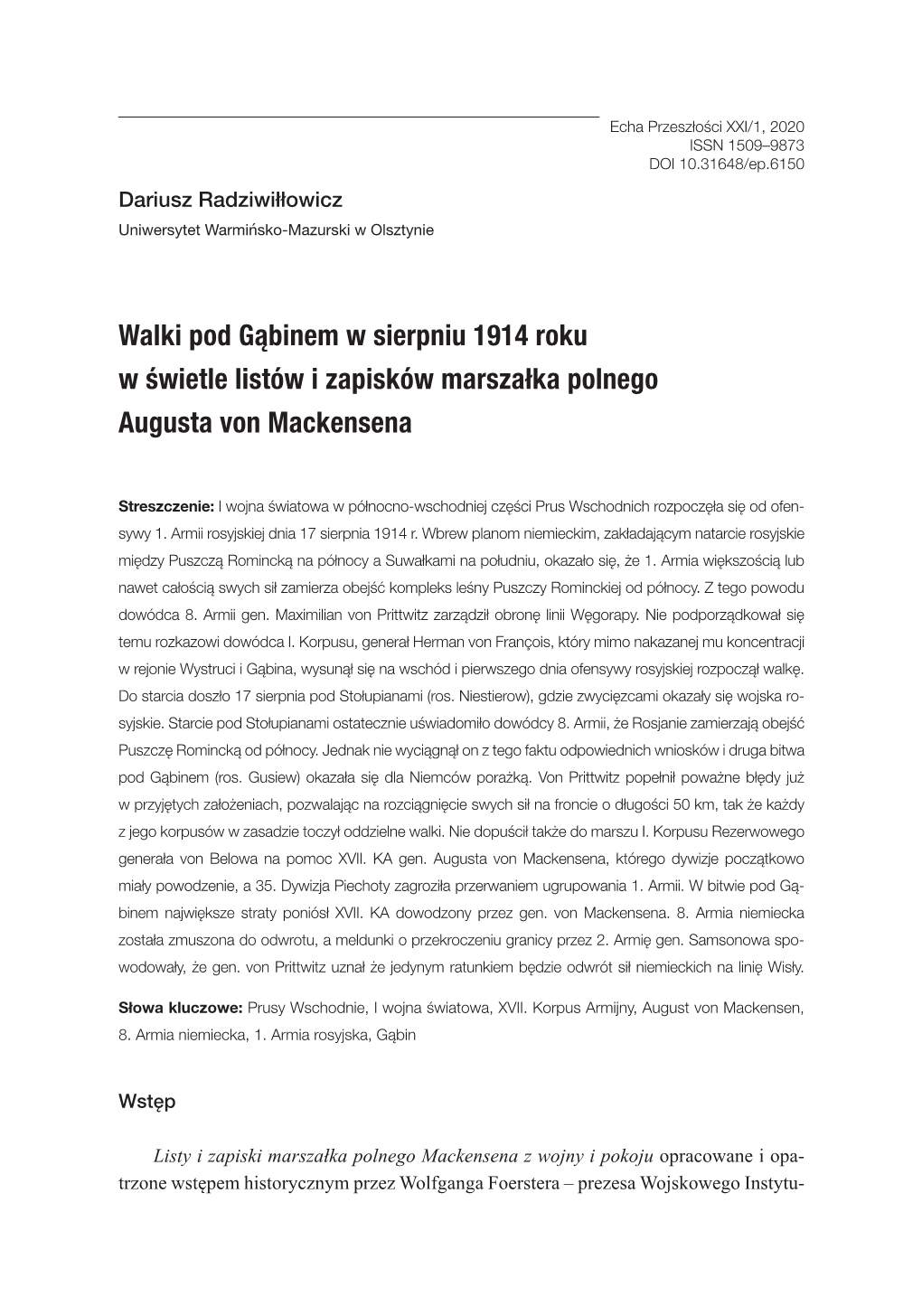 Walki Pod Gąbinem W Sierpniu 1914 Roku W Świetle Listów I Zapisków Marszałka Polnego Augusta Von Mackensena