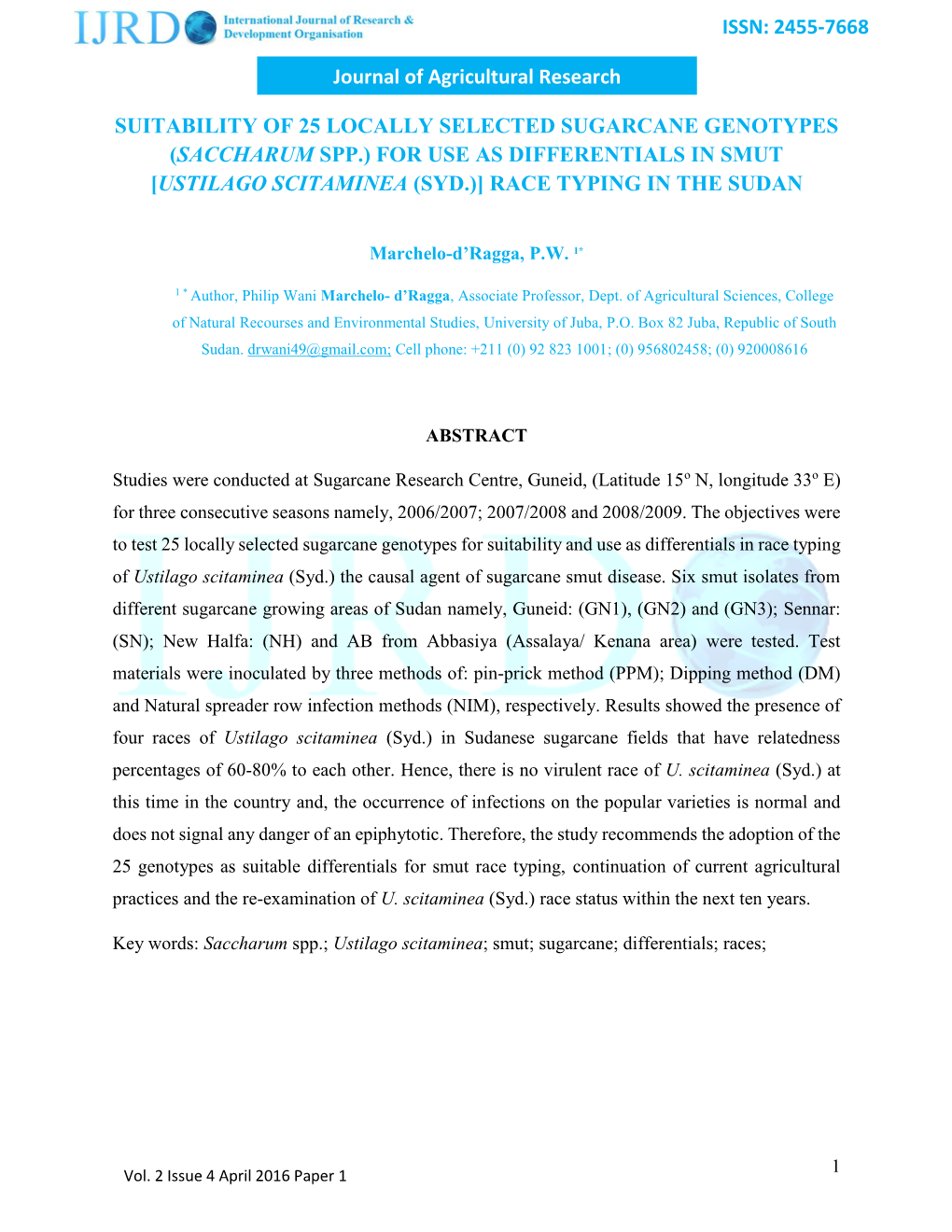 ISSN: 2455-7668 Journal of Agricultural Research SUITABILITY