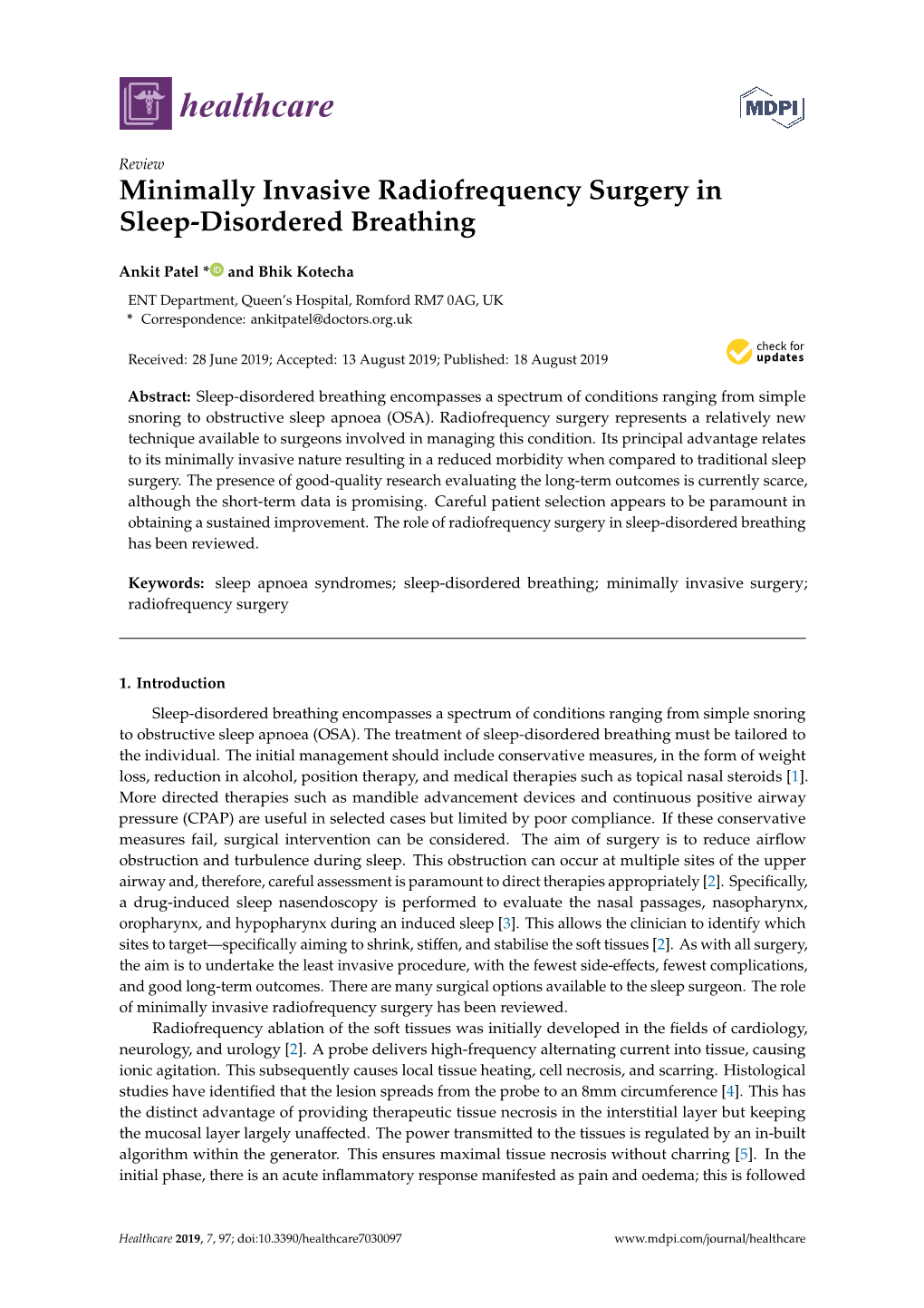 Minimally Invasive Radiofrequency Surgery in Sleep-Disordered Breathing