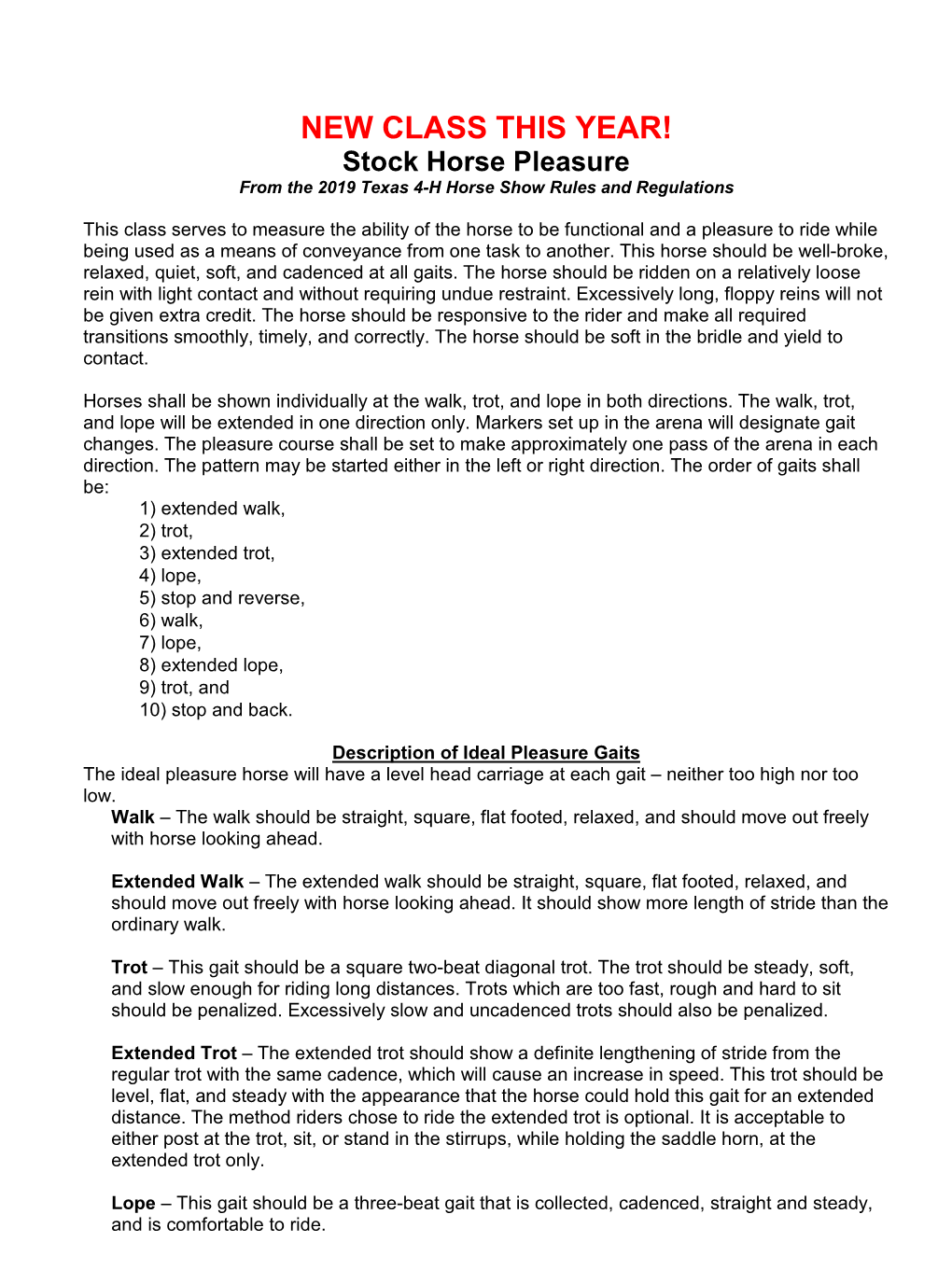 Stock Horse Pleasure from the 2019 Texas 4-H Horse Show Rules and Regulations
