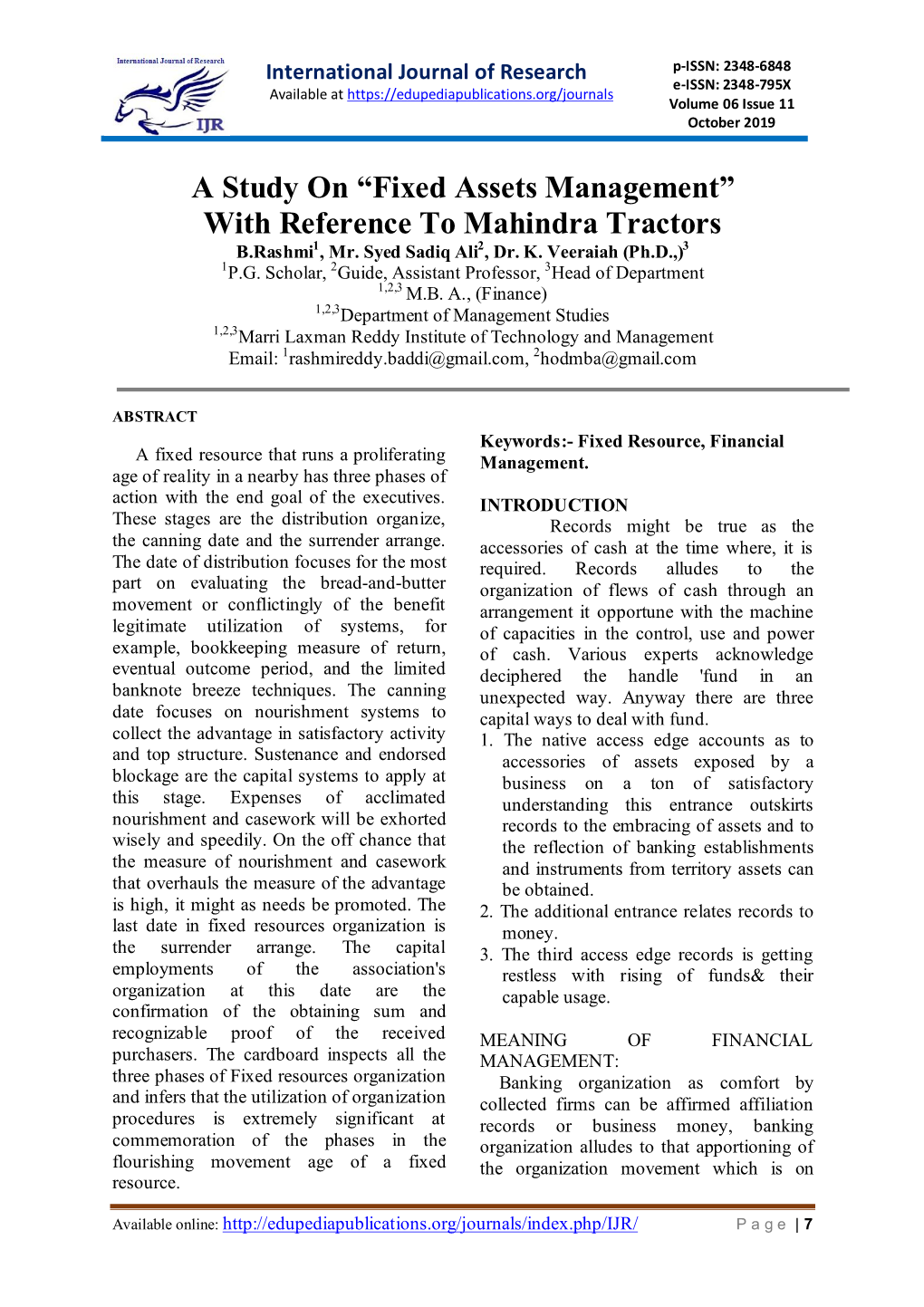 “Fixed Assets Management” with Reference to Mahindra Tractors B.Rashmi1, Mr