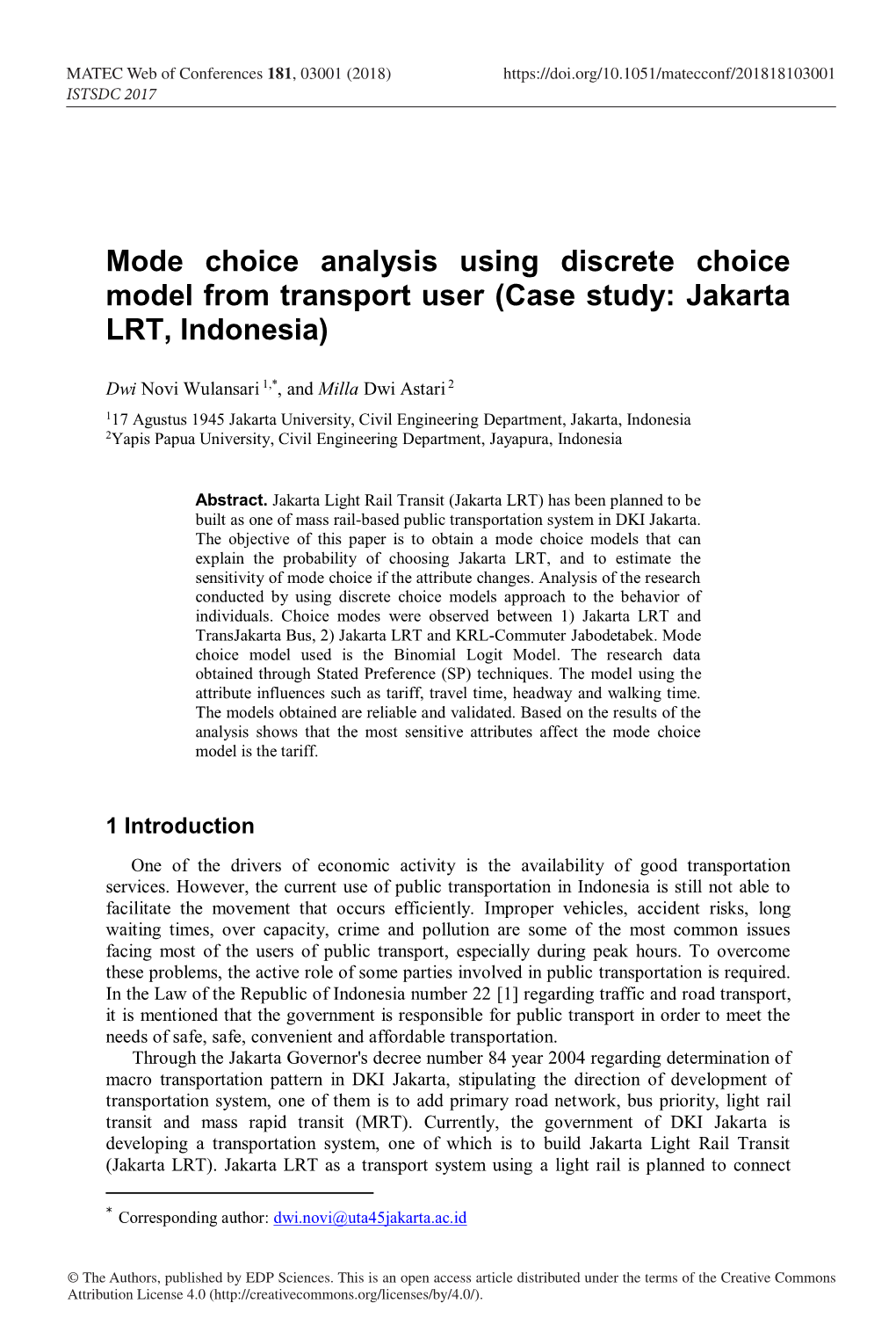 Mode Choice Analysis Using Discrete Choice Model from Transport User (Case Study: Jakarta LRT, Indonesia)