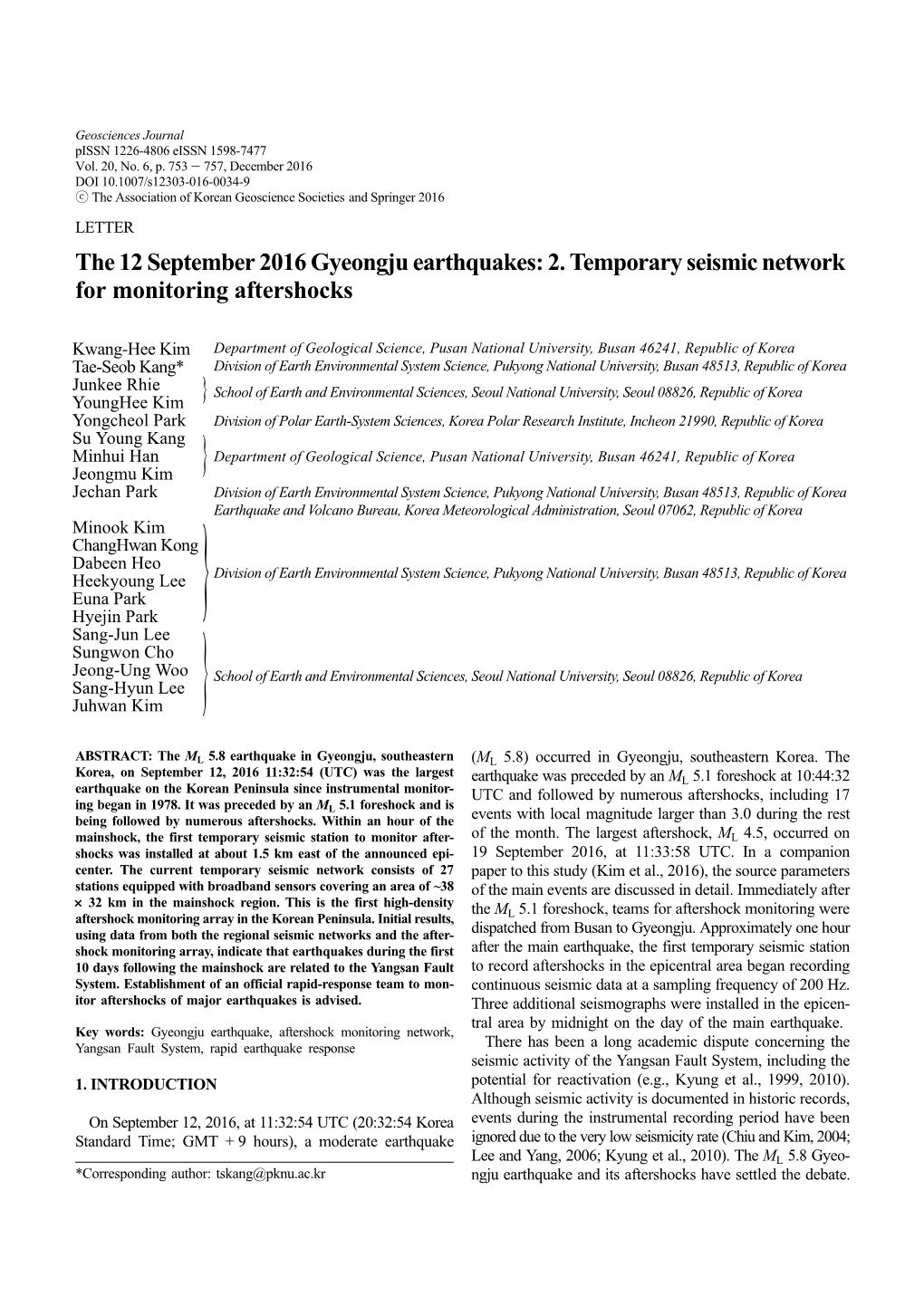 The 12 September 2016 Gyeongju Earthquakes: 2. Temporary Seismic Network for Monitoring Aftershocks