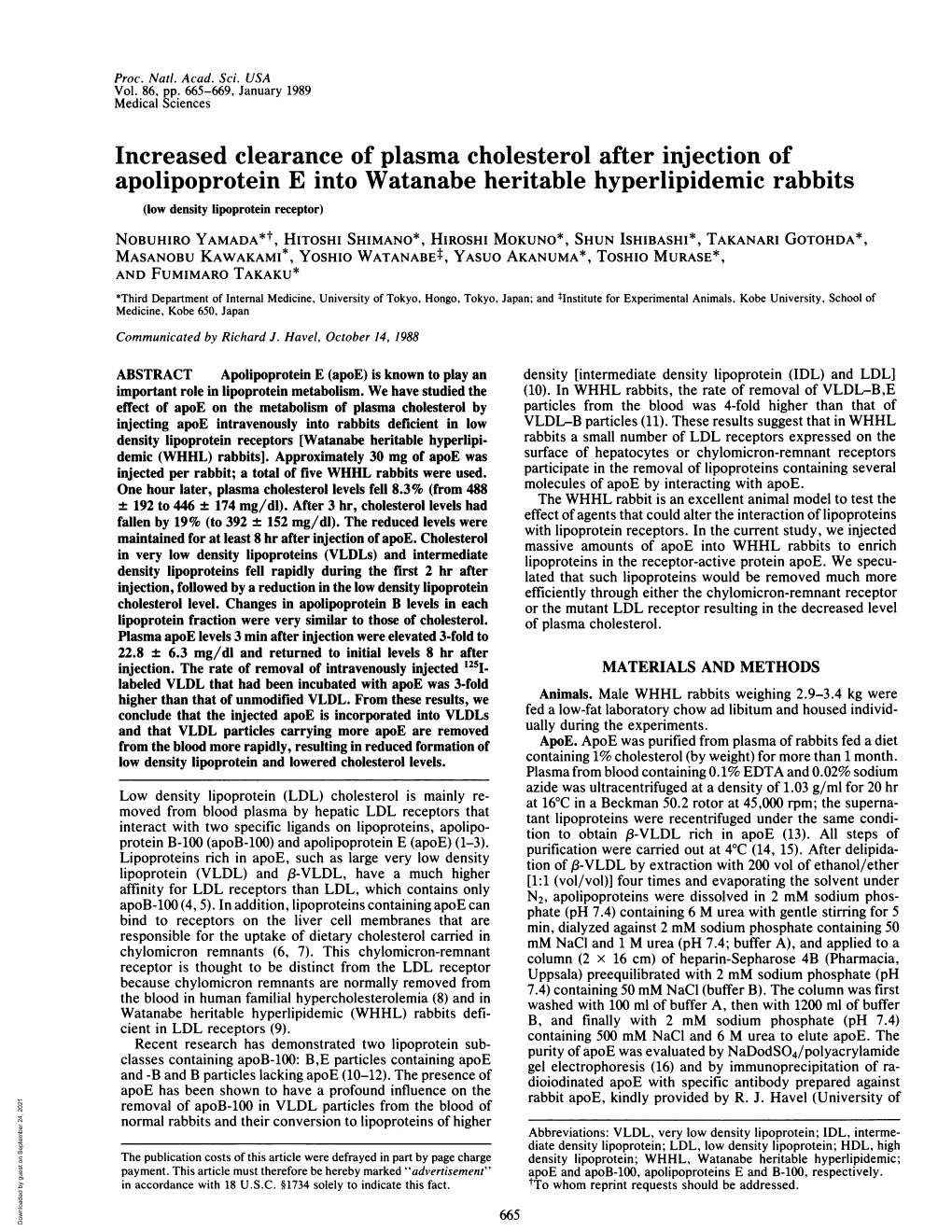 Increased Clearance of Plasma Cholesterol After Injection Of