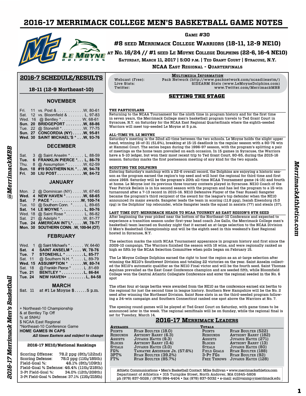 2016-17 Merrimack College Men's Basketball Game