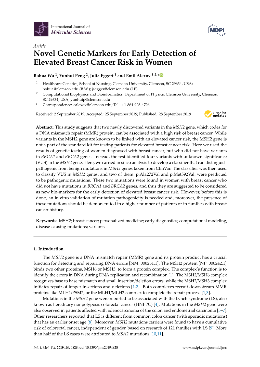 Novel Genetic Markers for Early Detection of Elevated Breast Cancer Risk in Women