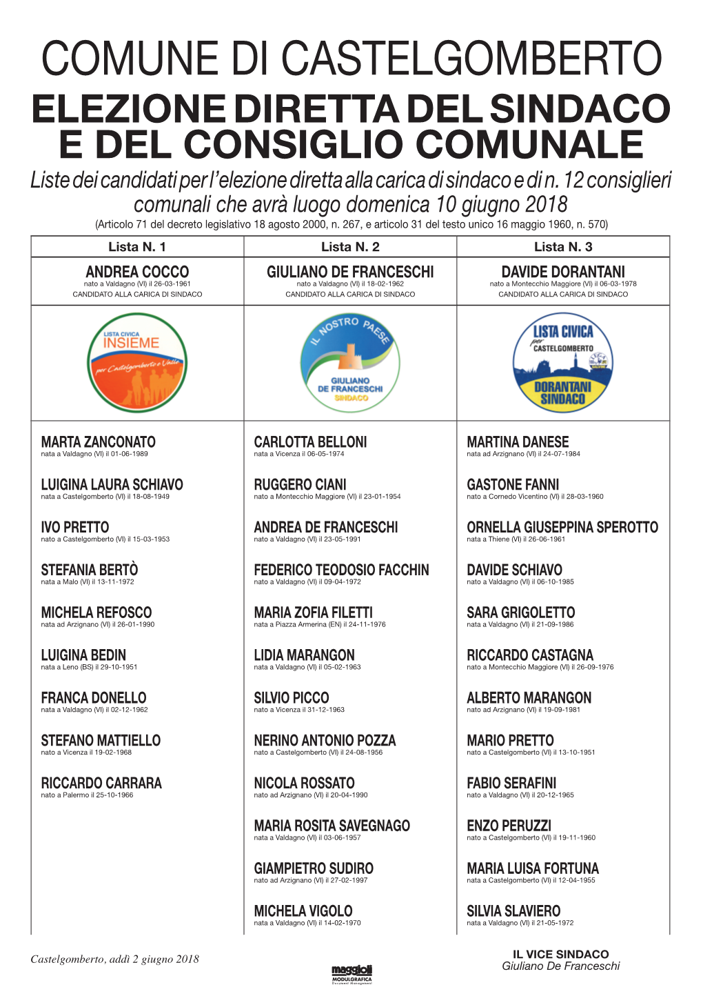 CASTELGOMBERTO ELEZIONE DIRETTA DEL SINDACO E DEL CONSIGLIO COMUNALE Liste Dei Candidati Per L’Elezione Diretta Alla Carica Di Sindaco E Di N