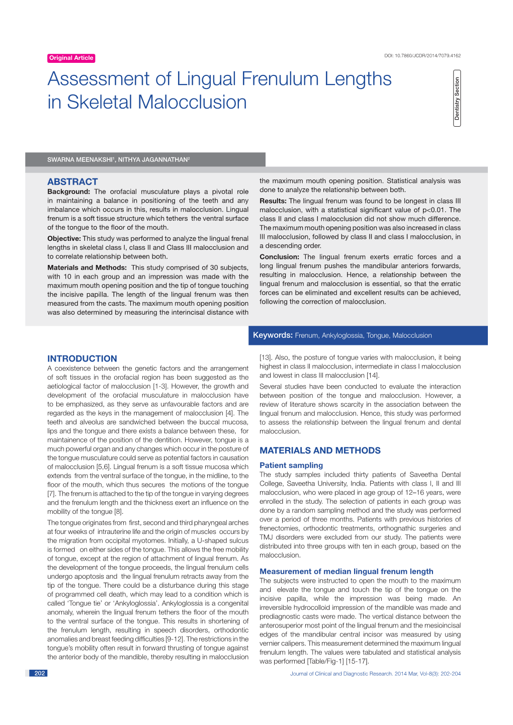 Assessment of Lingual Frenulum Lengths in Skeletal Malocclusion Dentistry Section