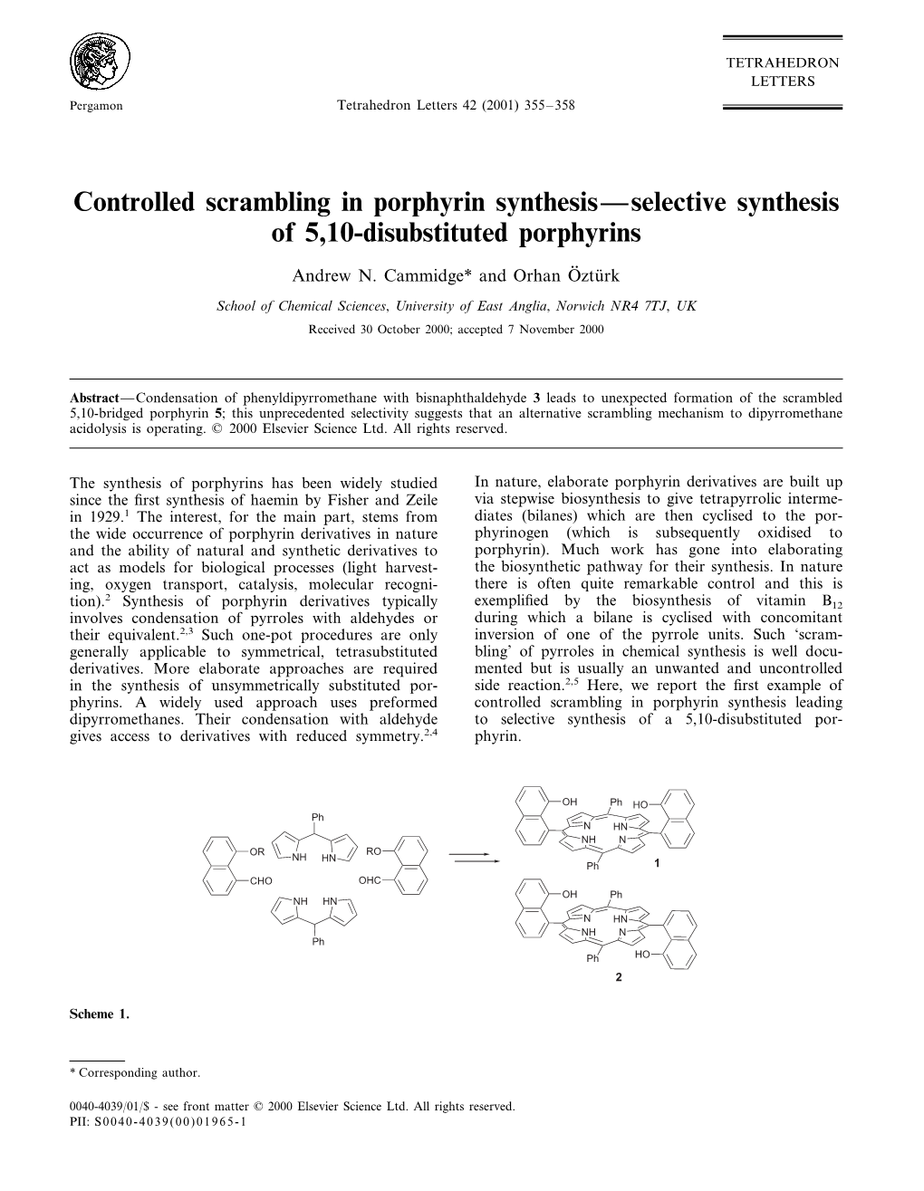 Controlled Scrambling in Porphyrin Synthesis—Selective Synthesis of 5,10-Disubstituted Porphyrins