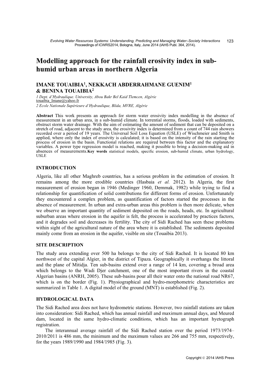 Modelling Approach for the Rainfall Erosivity Index in Sub- Humid Urban Areas in Northern Algeria