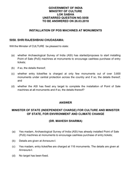Government of India Ministry of Culture Lok Sabha Unstarred Question No.5058 to Be Answered on 26.03.2018