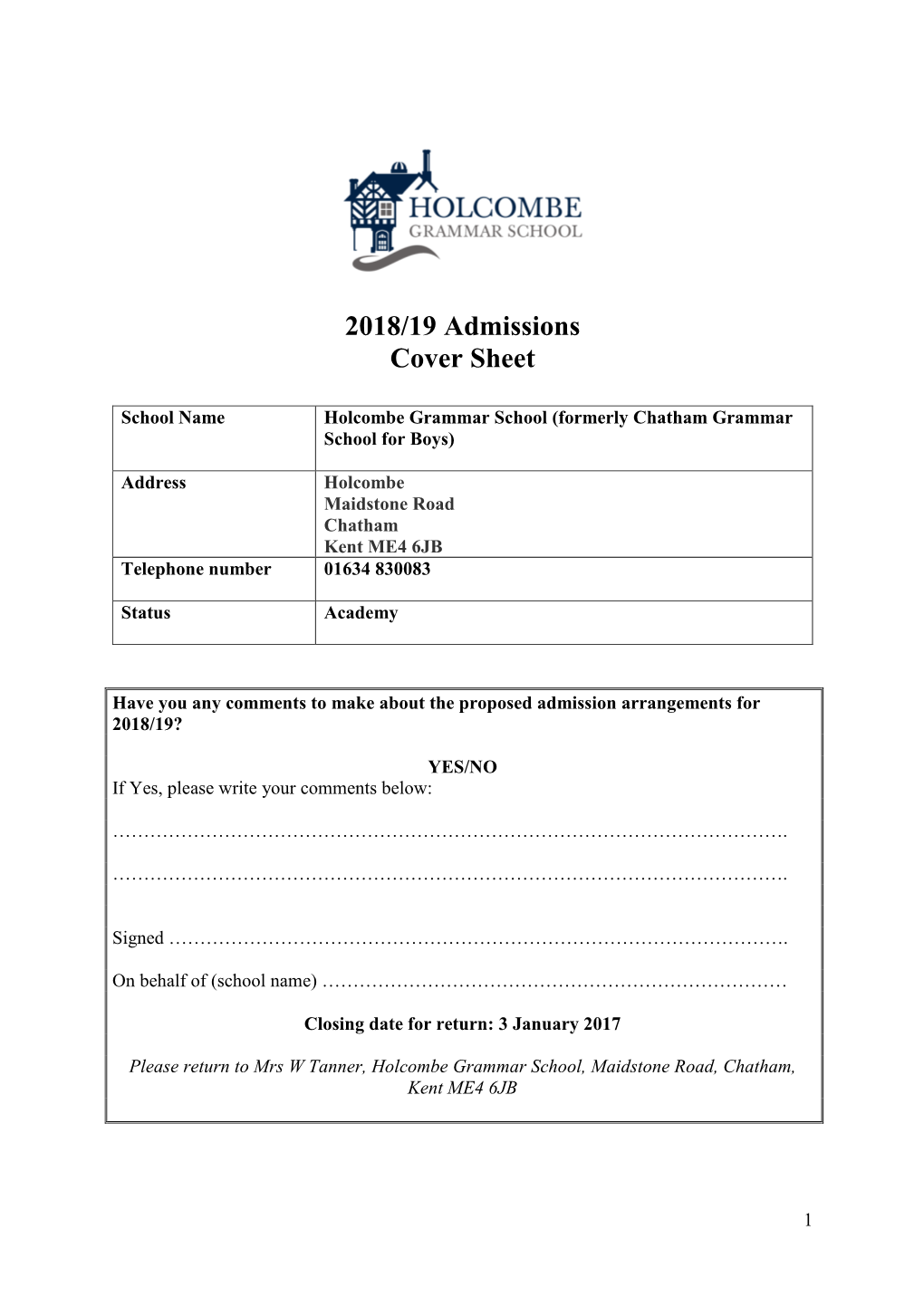 2018/19 Admissions Cover Sheet