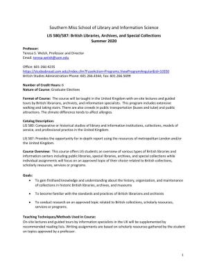 LIS 580/587: British Libraries, Archives, and Special Collections Summer 2020