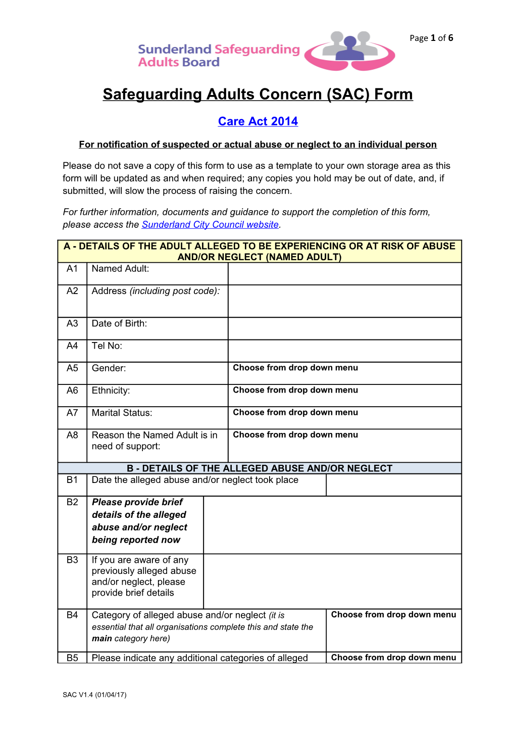 Safeguarding Adults Concern (SAC) Form