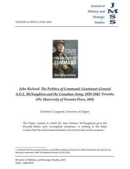 John Rickard. the Politics of Command: Lieutenant-General A.G.L