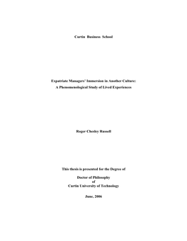 Curtin Business School Expatriate Managers' Immersion in Another Culture: a Phenomenological Study of Lived Experiences Roge