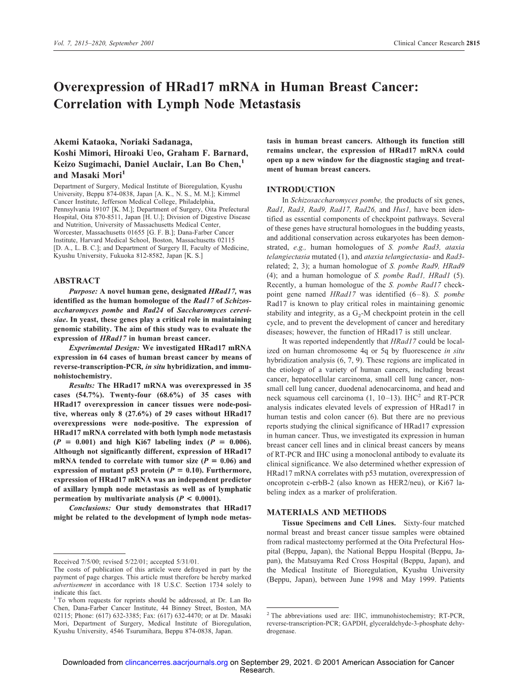 Overexpression of Hrad17 Mrna in Human Breast Cancer: Correlation with Lymph Node Metastasis