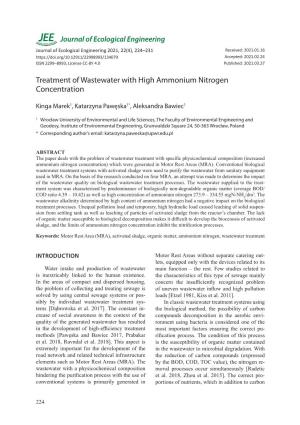 Treatment of Wastewater with High Ammonium Nitrogen Concentration