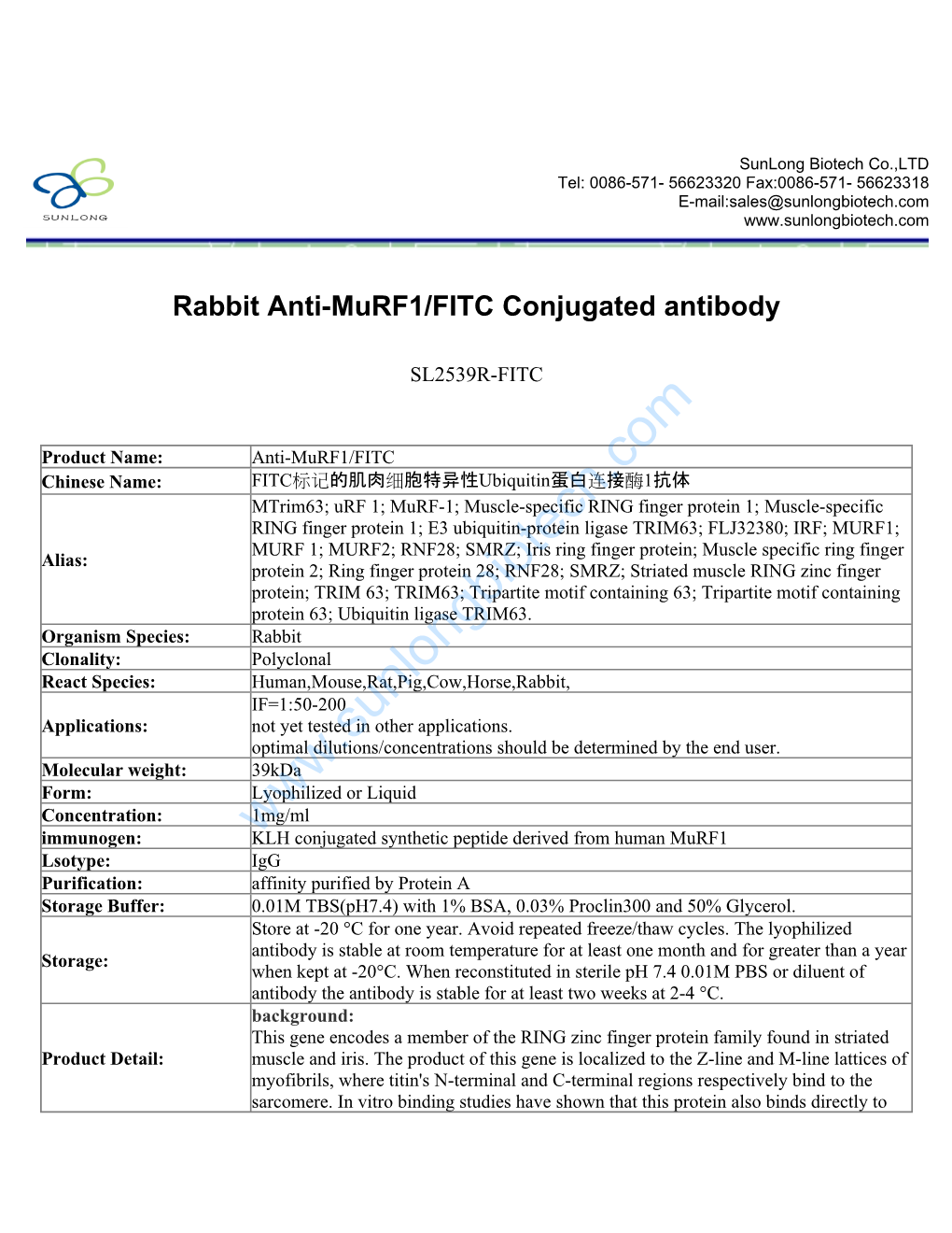 Rabbit Anti-Murf1/FITC Conjugated Antibody-SL2539R-FITC