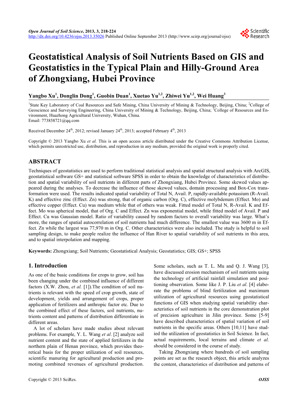 Geostatistical Analysis of Soil Nutrients Based on GIS and Geostatistics in the Typical Plain and Hilly-Ground Area of Zhongxiang, Hubei Province