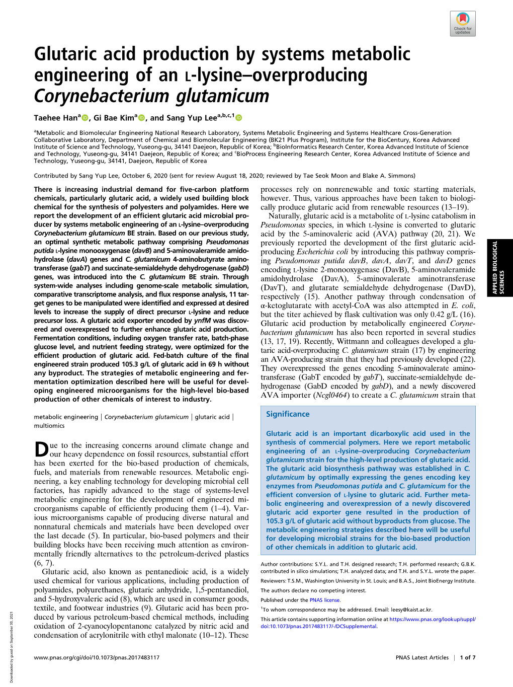 Glutaric Acid Production by Systems Metabolic Engineering of an L-Lysine–Overproducing Corynebacterium Glutamicum