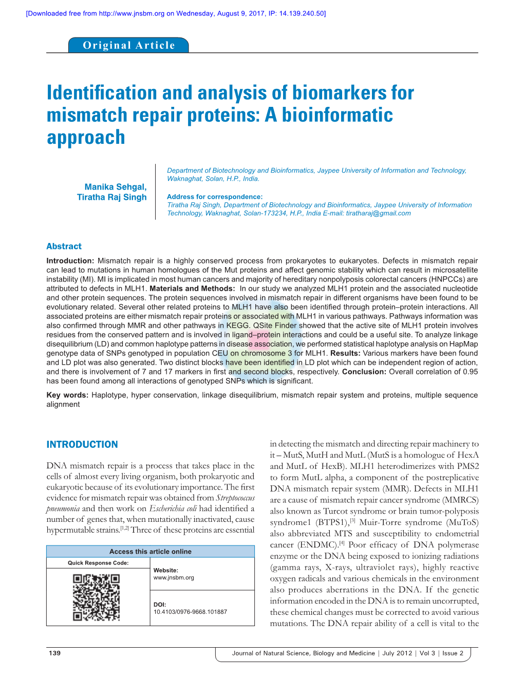 Identification and Analysis of Biomarkers for Mismatch Repair Proteins: a Bioinformatic Approach