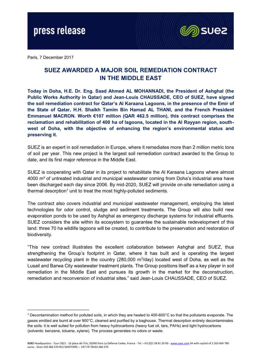 Suez Awarded a Major Soil Remediation Contract in the Middle East