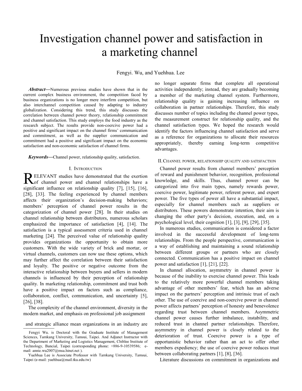 20120305 Investigation Channel Power and Satisfaction in a Marketing Channel