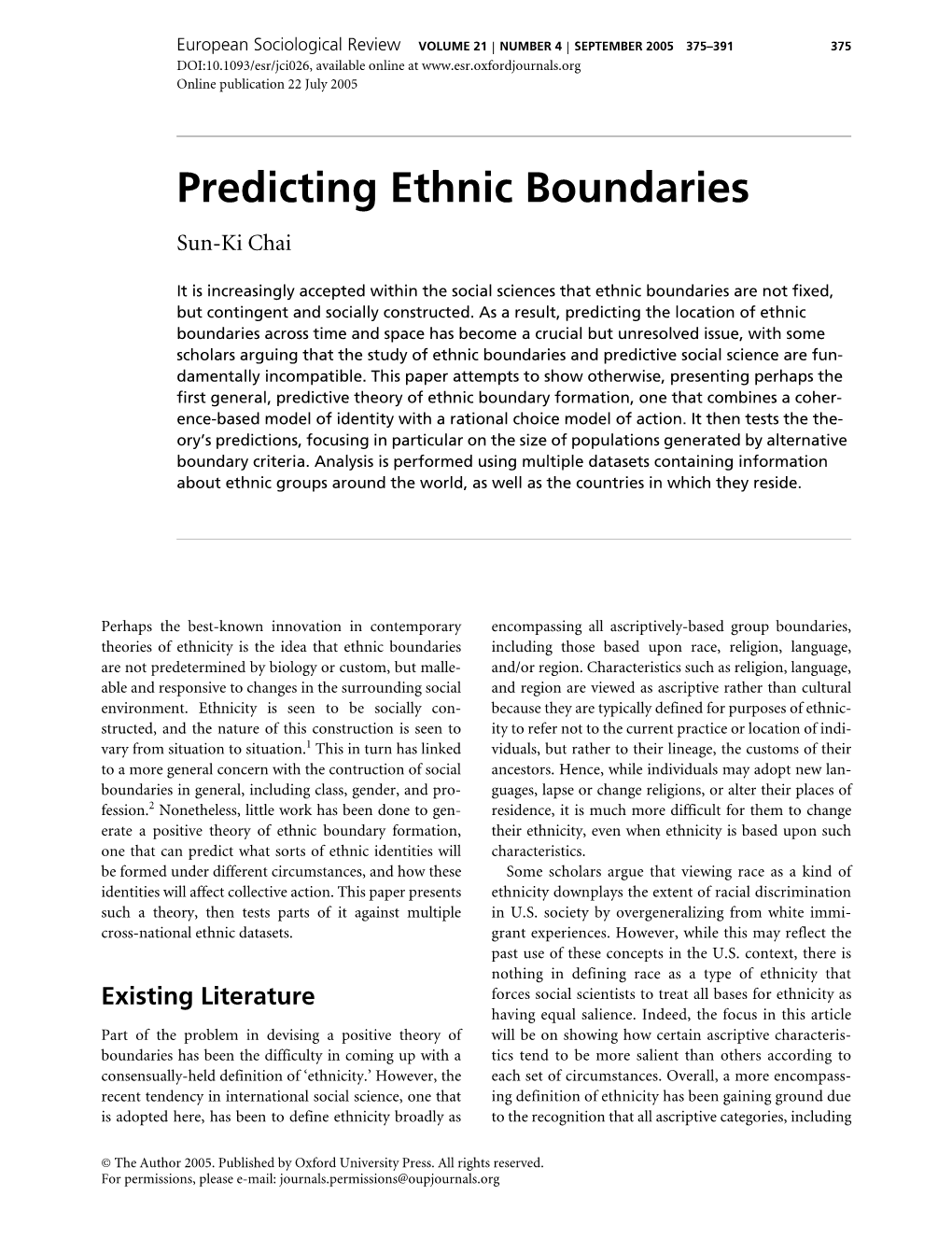 Predicting Ethnic Boundaries Sun-Ki Chai