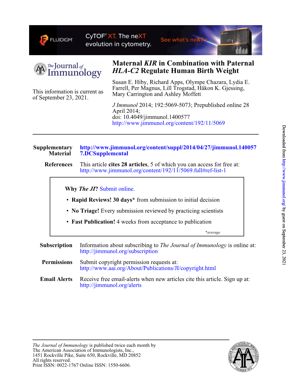 Regulate Human Birth Weight HLA-C2 in Combination With