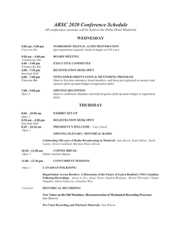 ARSC 2020 Conference Schedule All Conference Sessions Will Be Held at the Delta Hotel Montréal