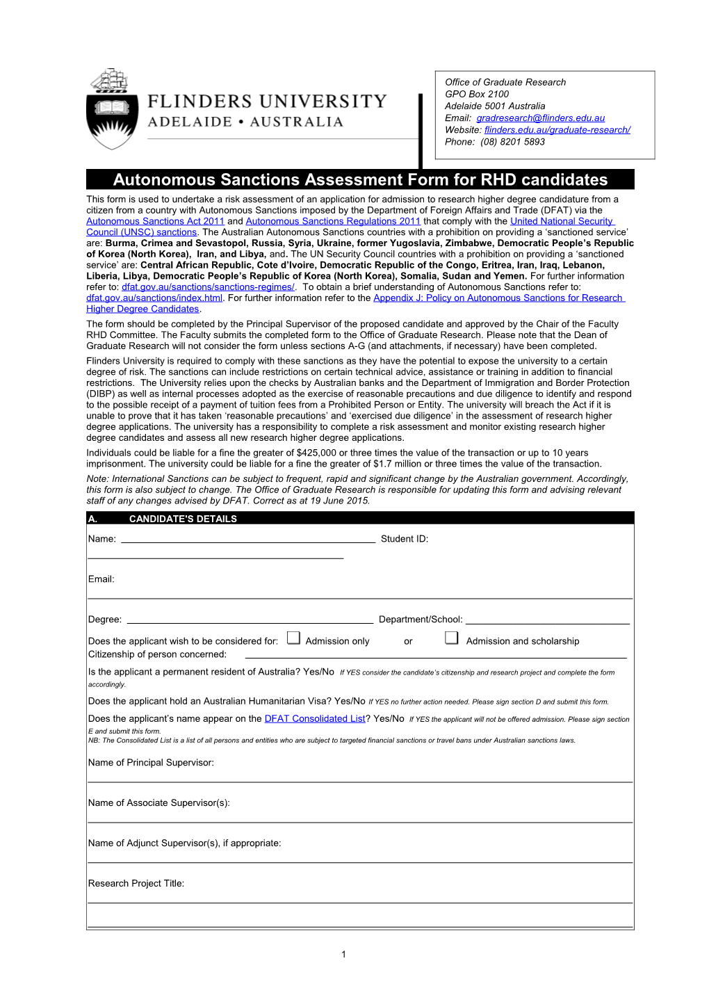 Autonomous Sanctions Assessment Form for RHD Candidates