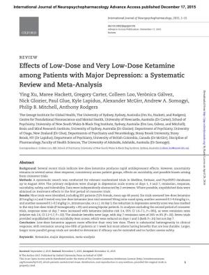 Effects of Low-Dose and Very Low-Dose Ketamine Among Patients with Major Depression