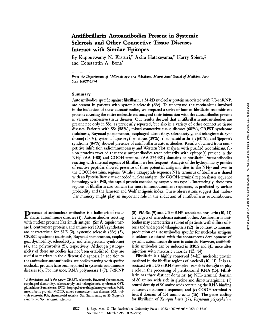 Antifibrillarin Autoantibodies Present in Systemic Sclerosis and Other Connective Tissue Diseases Interact with Similar Epitopes by Kuppuswamy N