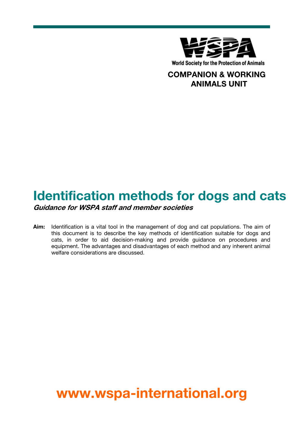 Identification Methods for Dogs and Cats Guidance for WSPA Staff and Member Societies