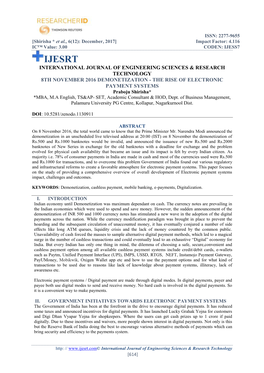 THE RISE of ELECTRONIC PAYMENT SYSTEMS Praboju Shirisha* *MBA, M.A English, TS&AP- SET, Academic Consultant & HOD, Dept