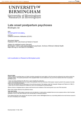 Late Onset Postpartum Psychoses Brockington, Ian