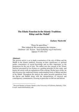 The Eliatic Function in the Islamic Tradition: Khiąr and the Mahdì