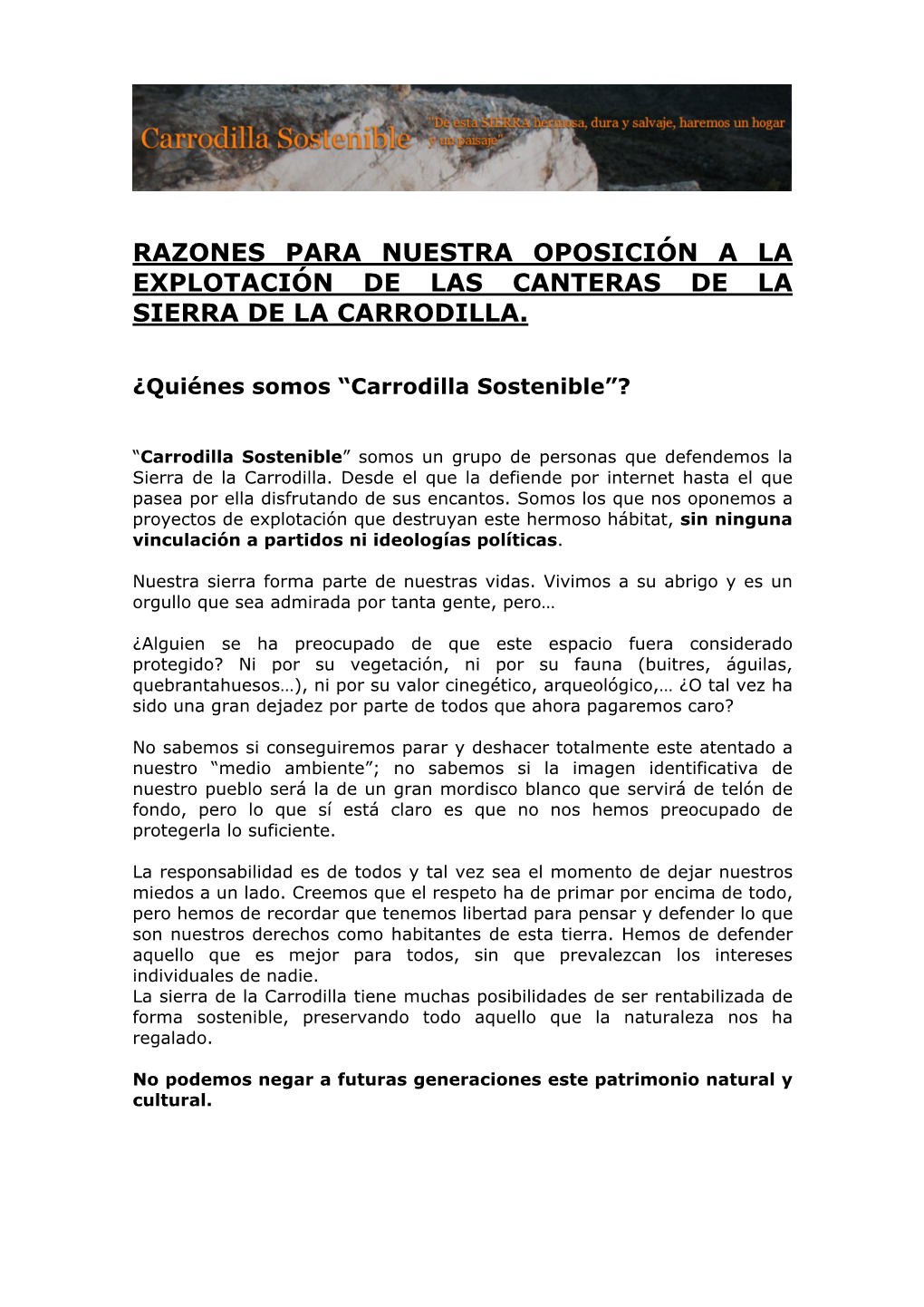 Razones Para Nuestra Oposición a La Explotación De Las Canteras De La Sierra De La Carrodilla