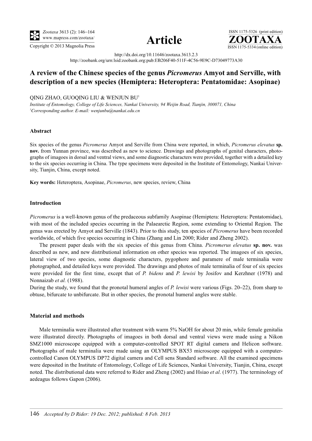 A Review of the Chinese Species of the Genus Picromerus Amyot and Serville, with Description of a New Species (Hemiptera: Heteroptera: Pentatomidae: Asopinae)