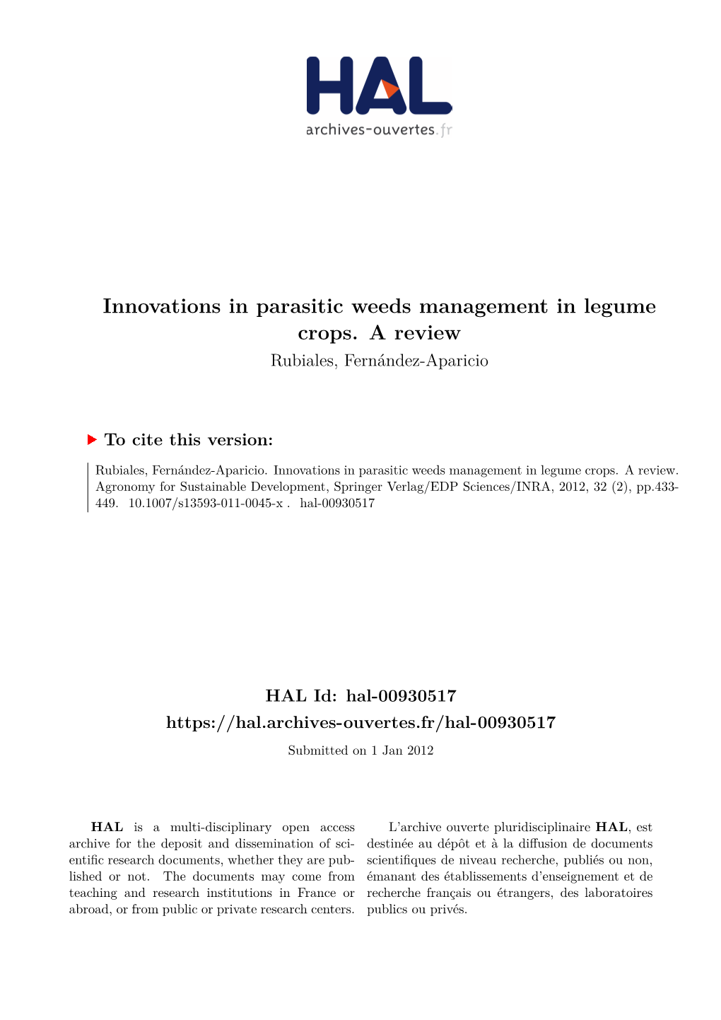 Innovations in Parasitic Weeds Management in Legume Crops. a Review Rubiales, Fernández-Aparicio