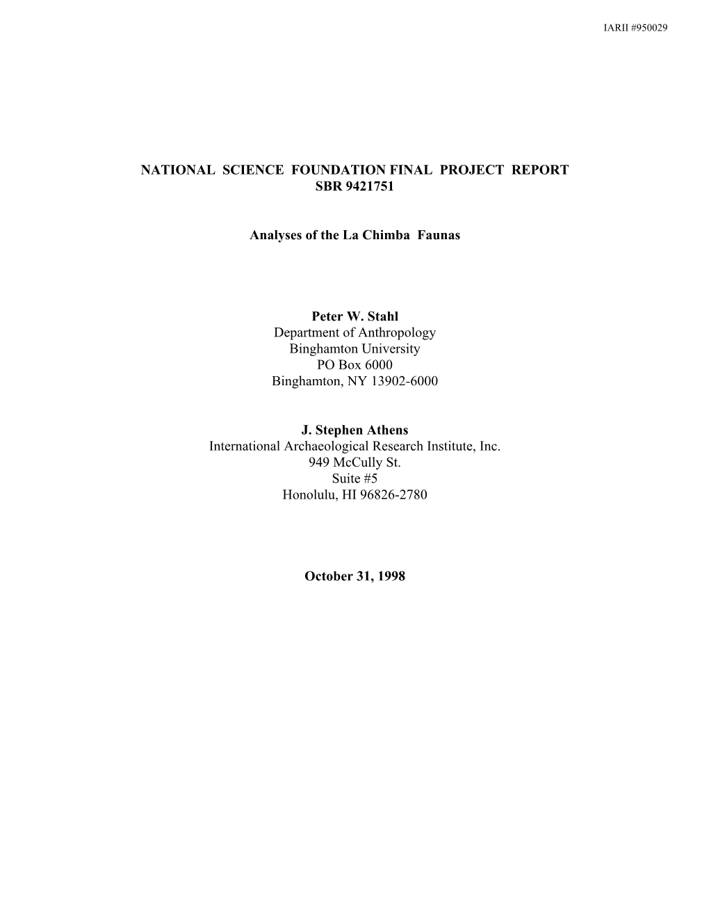 National Science Foundation Final Project Report Sbr 9421751