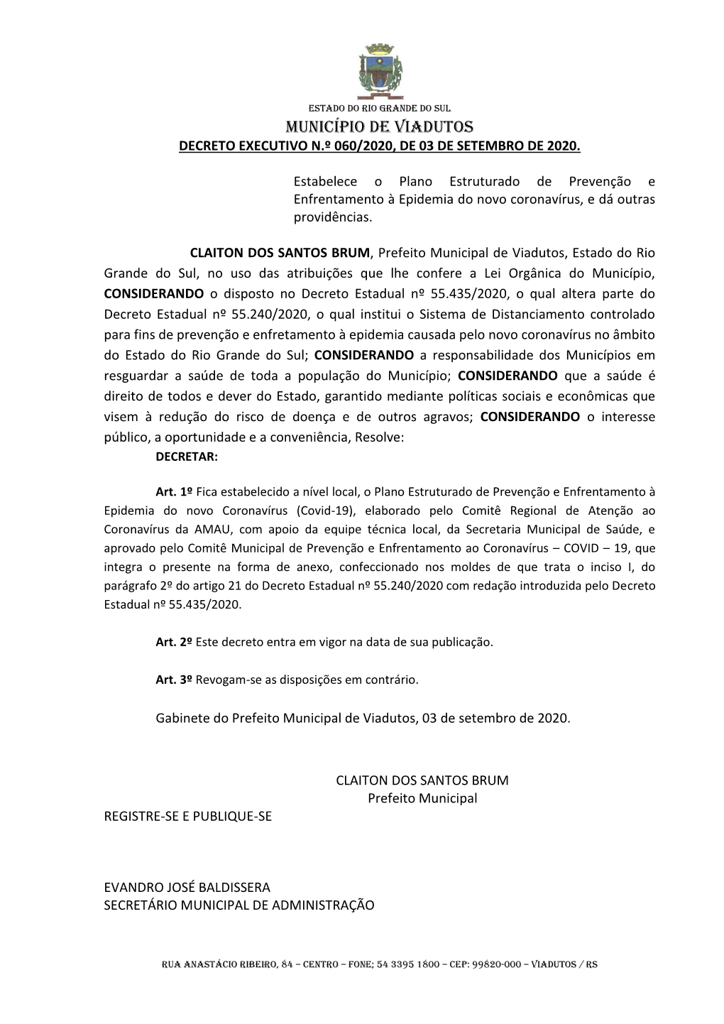 Município De Viadutos Decreto Executivo N.º 060/2020, De 03 De Setembro De 2020