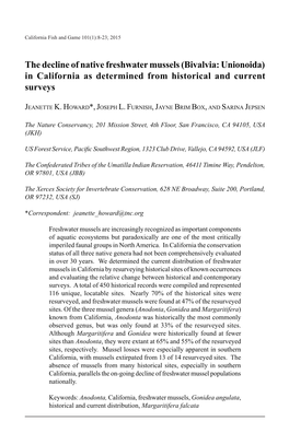 The Decline of Native Freshwater Mussels (Bivalvia: Unionoida) in California As Determined from Historical and Current Surveys