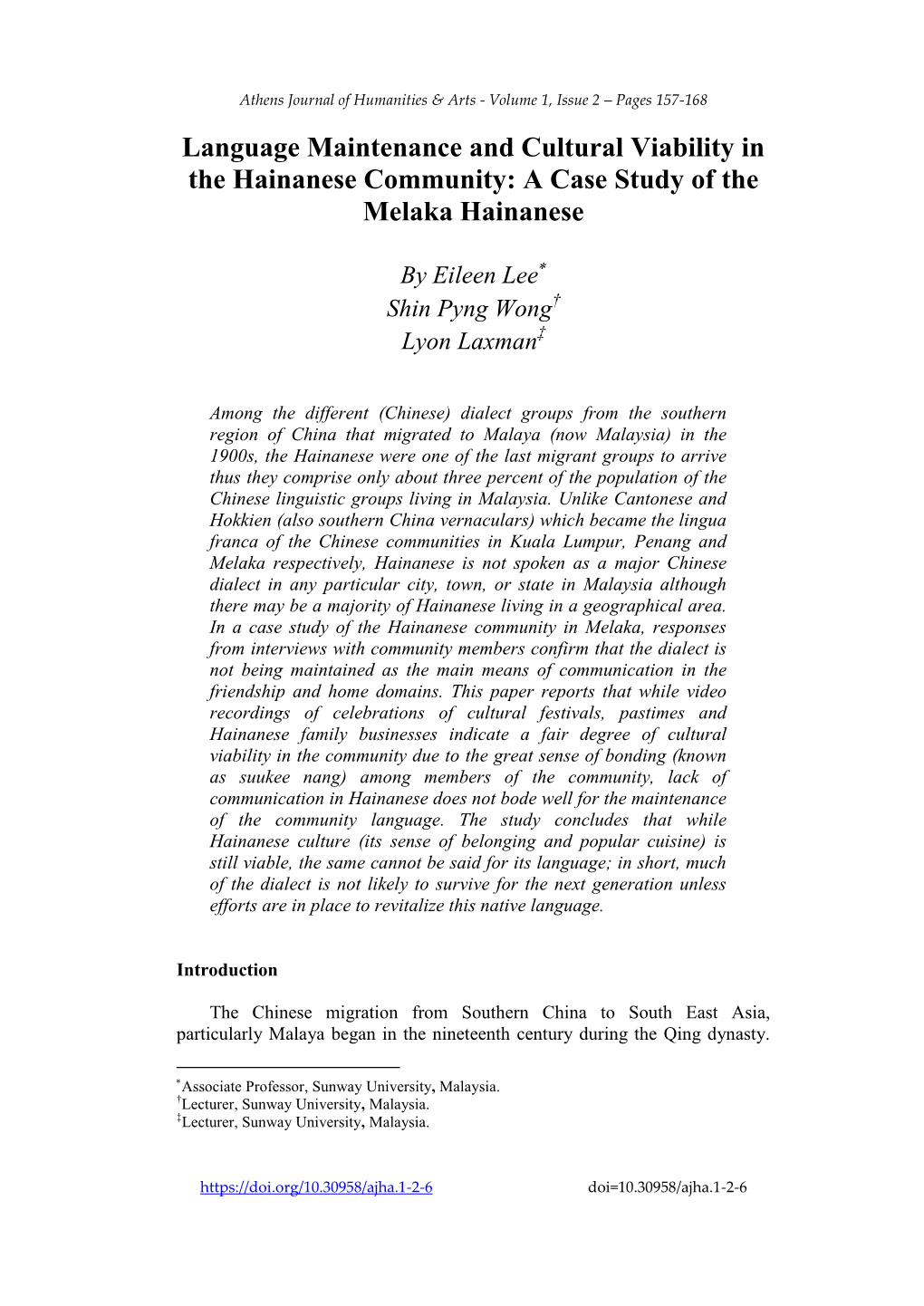 A Case Study of the Melaka Hainanese