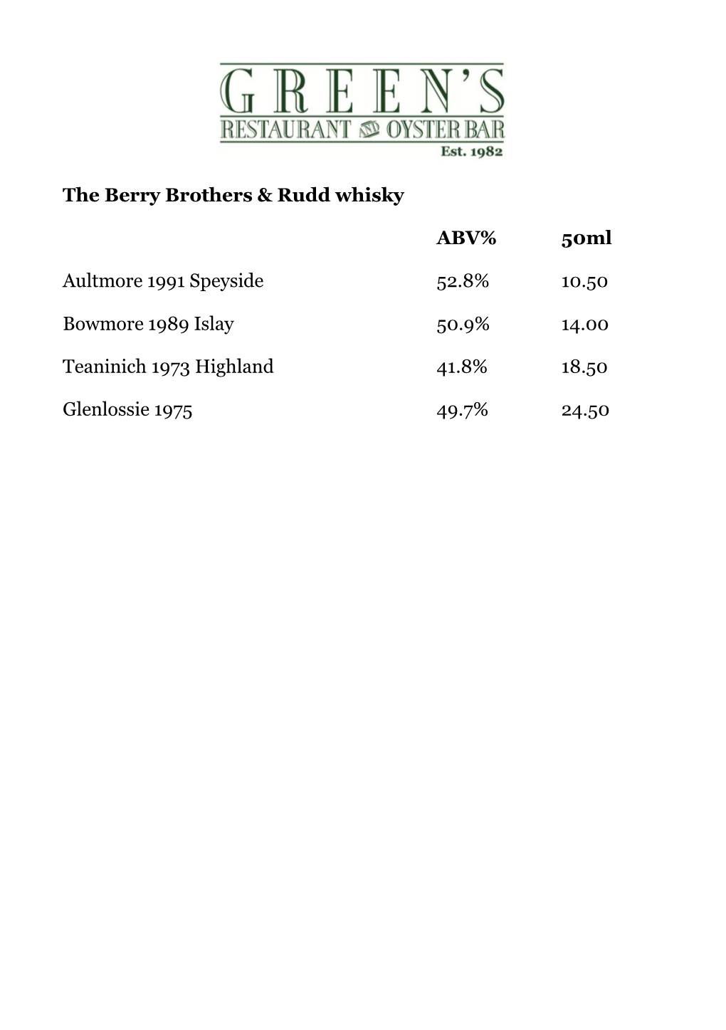 The Berry Brothers & Rudd Whisky ABV% 50Ml Aultmore 1991 Speyside 52.8% 10.50 Bowmore 1989 Islay 50.9% 14.00 Teanini