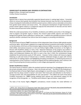 GENDER EQUITY in SAMOAN LAWS: PROGRESS VS CONTRADICTIONS Bridget Crichton, Principal Lead Consultant Crichton Pointon Consultancy