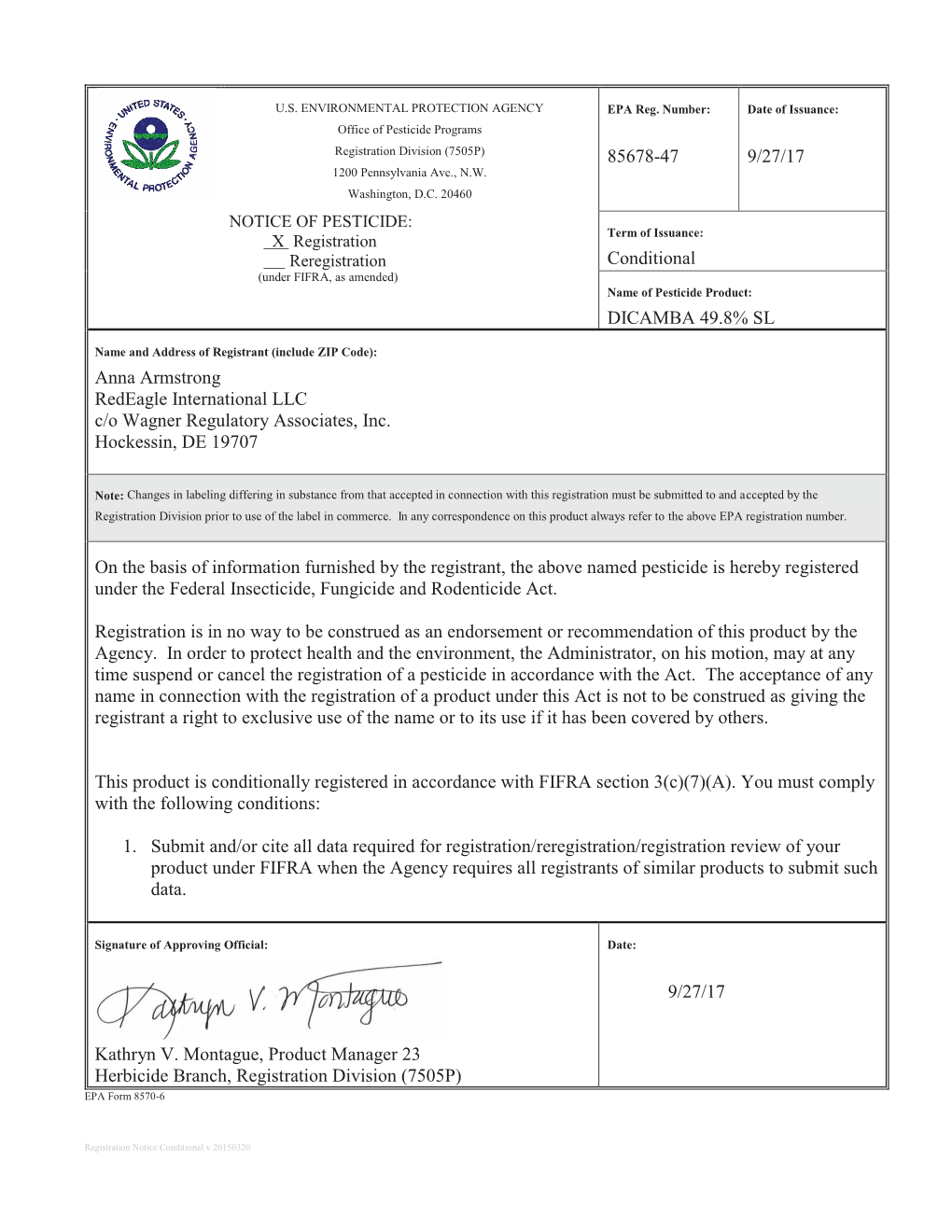 US EPA, Pesticide Product Label, Dicamba 49.8% SL,09/27/2017